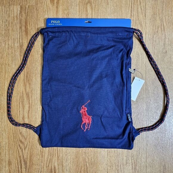 Polo Ralph Lauren Canvas Gym Bag Sack Pony Logo Navy Blue Red 100% Cotton New M - Picture 1 of 8